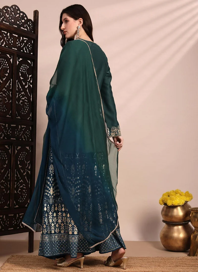 globus Green Globus Women Green Zari Embroidered Yoke Round Neck Short Kurta With Allover Foil Printed Sharara & Ombre Dupatta Festive Set for Women | Best Price UAE
